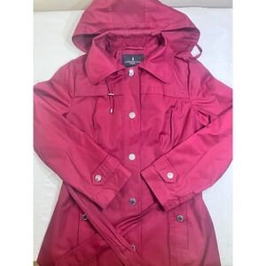 London Fog Red Belted Trench Coat with Removable Hood Womens Medium 440643